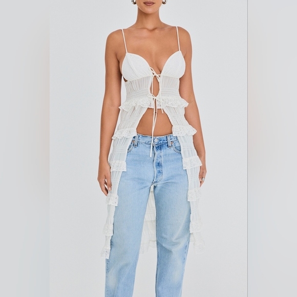 Mistress Rocks Tops - NWT Mistress Rocks White Lace Frilled Longline Midi Top L